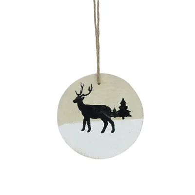 3.9" Winter Deer With Pine Trees On Wood Disc Christmas Ornament
