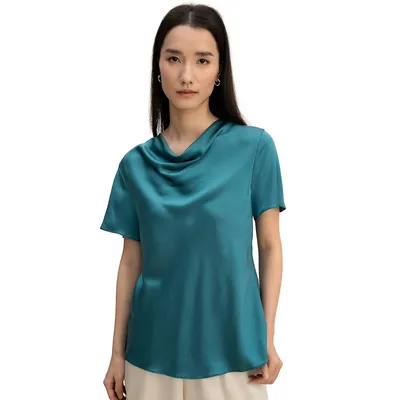 Cowl Neck Short Sleeves Silk T Shirt For Women