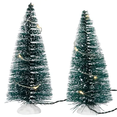Set Of 2 Led Lighted Frosted Mini Bottle Brush Pine Christmas Village Trees - 6"