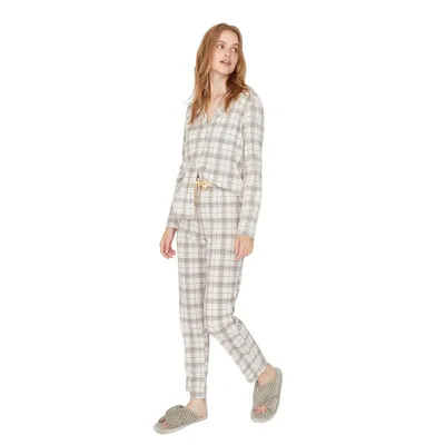 Women Plaid / Checkered Medium Knitted T-shirt-trousers Pajama Set