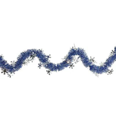50' X 2" Royal Blue And Silver Christmas Tinsel Garland With Snowflakes - Unlit