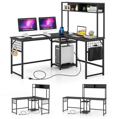 L-shaped Desk With Power Outlet Large Corner Converts To 2-person Long