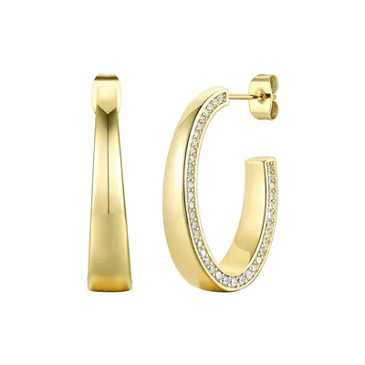14k Gold Plated With Clear Cubic Zirconia Tapered ¾ C-hoop Earrings