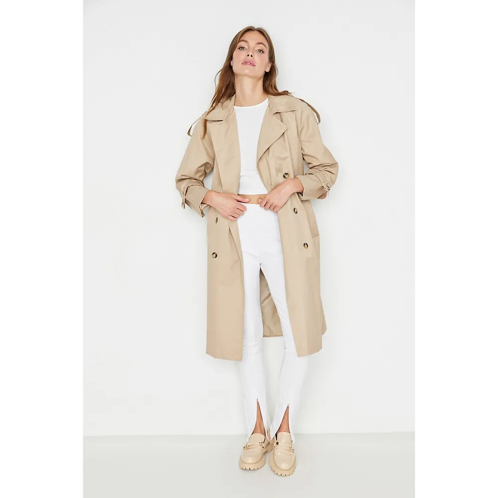 Women Regular Fit Double Breasted Lapel Collar Woven Trench Coat