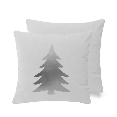 Christmas Icons Throw Pillow, 100% Polyester Velour Foil Print Tree - Size 18 X 18 Inches - Color Silver On White Velour Base- With Poly Insert - Set Of 2
