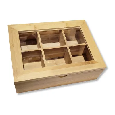 6 Compartment Storage Box For Tea, Jewellery, Crafts, Etc, Made Of Bamboo