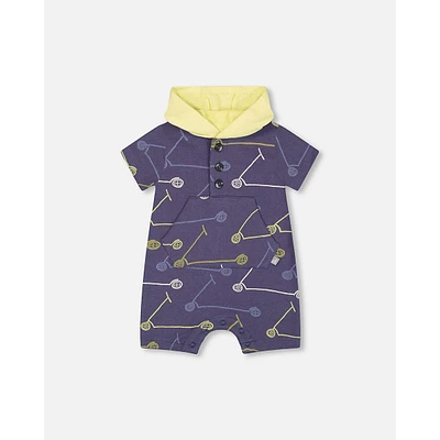 French Terry Hooded Romper Blue Printed Scooters