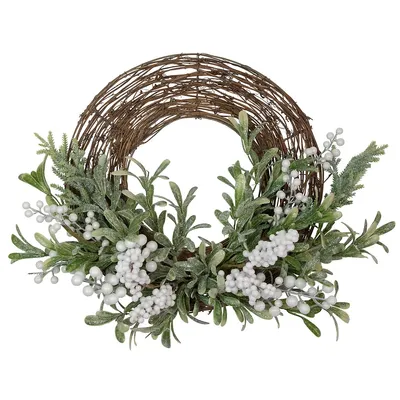 Artificial Christmas Twig Wreath With Frosted Foliage And Berries, 24-inch, Unlit