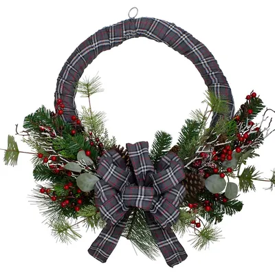 Gray And Red Plaid Artificial Christmas Wreath With Red Berries - 24-inch, Unlit