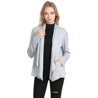 Waffle Thermal Long Sleeve Open Front Raw Edge Cardigan
