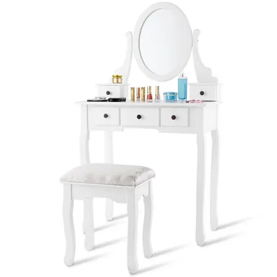 Costway Makeup Desk Vanity Dressing Table Set W/ Oval Mirror Stool 5 Storage Drawers
