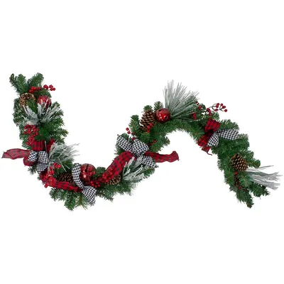 6' X 12" Plaid And Houndstooth And Berries Artificial Christmas Garland - Unlit