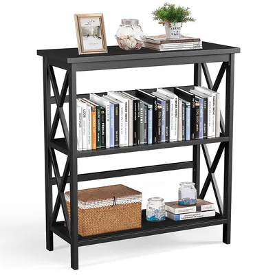 Wooden Shelf Bookcase 3-tier Open Bookshelf W/x-design Freestanding Rack