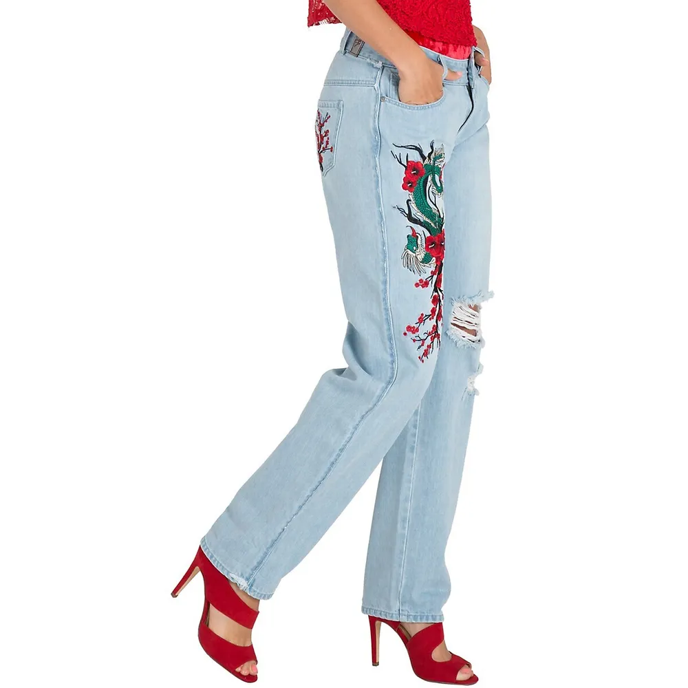 Poetic Justice Women's Curvy Fit Light Wash Dragon Embroidered Mom Jeans