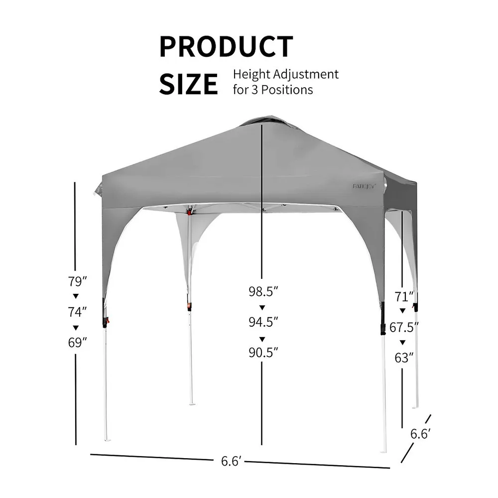 6.6x6.6 Ft Pop Up Canopy Tent Shelter Height Adjustable W/ Roller Bag Grey