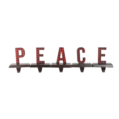 5 Piece Set Red And Black Buffalo Plaid “peace" Christmas Stocking Holder 6"