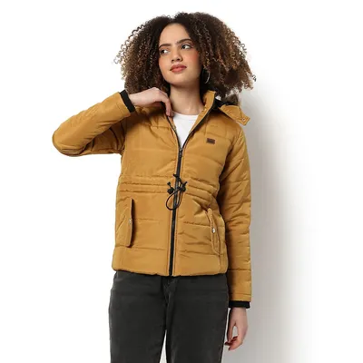 Women's Mustard Hooded Puffer Regular Fit Bomber Jacket For Winter Wear