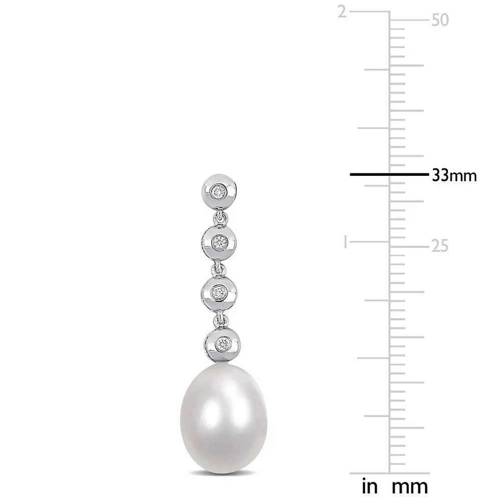 Cultured Freshwater Pearl And 1/6 Ct Tw Diamond Linear Drop Earrings In 14k White Gold