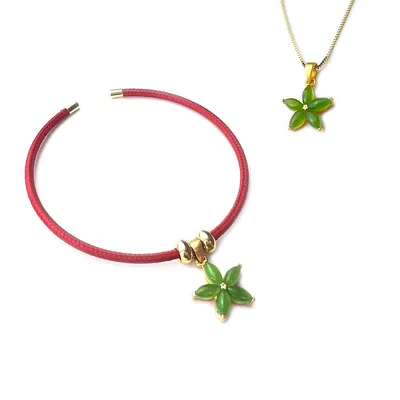 Natural Jade Lucky Flower Bracelet Pendant Dual Use With 18k Gold Plated Sterling Silver 925 Necklace