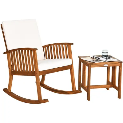 2pcs Acacia Wood Patio Rocking Chair Set Cushioned Coffee Table