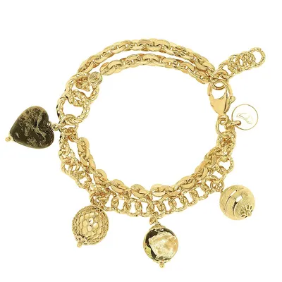 18kt Gold Plated Double Strand Charm With Gold Murano Bead Bracelet
