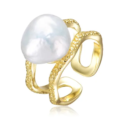 Sterling Silver Gold Plated With Genuine Freshwater Pearl Contemporary Ring