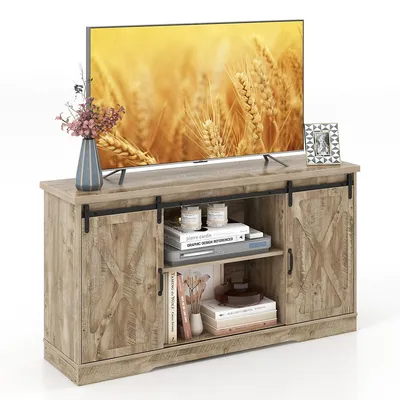 59'' Farmhouse Tv Stand Sliding Barn Door Cabinet W/ Adjustable Shelf