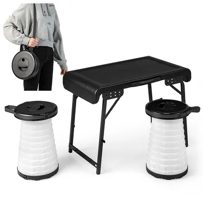 3-piece Folding Table Stool Set With A Camping Table & 2 Retractable Led Stools