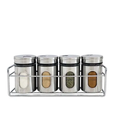 Set Of 4 Spice Containers With Storage Tray, Stainless Steel