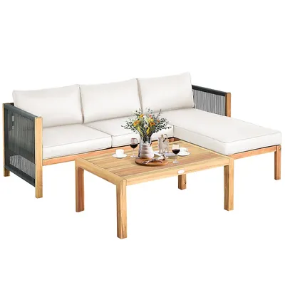 3pcs Patio Acacia Wood Sofa Furniture Set Thick Cushion W/nylon Rope Armrest