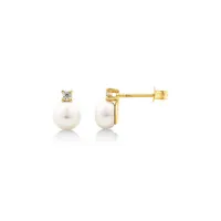 Drop Earrings With Cultured Freshwater Pearl & Diamond In 10kt Yellow Gold
