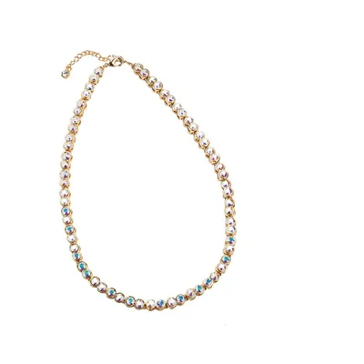 Gold Tone Aurora Borealis Tennis Necklace With Heritage Precision Cut Crystals