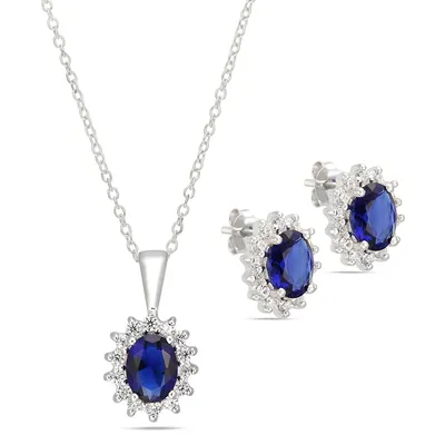 Sterling Silver Pave With Blue Oval Stone Center Pendant And Earring Set