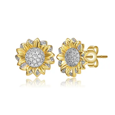 14k Yellow Gold Plating With Clear Cubic Zirconia Stud Earrings