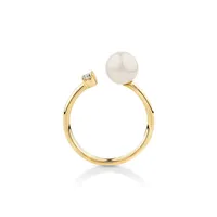 Cultured Freshwater Pearl And Diamond Open Ring In 10kt Yellow Gold