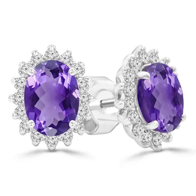 1.57 Ct Oval Purple Amethyst Halo Earrings 14k White Gold