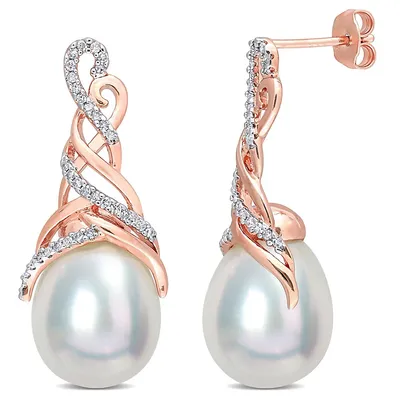 South Sea Cultured Pearl And 1/3 Ct Tw Diamond Criss-cross Earrings In Rose Plated Sterling Silver