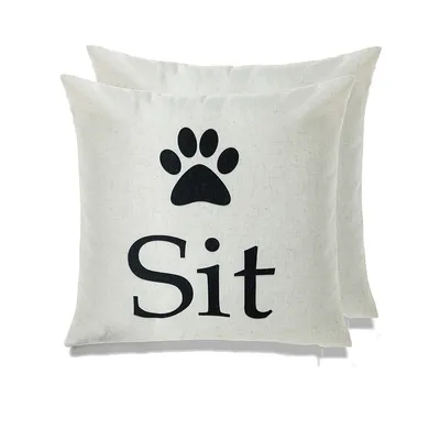 Home And Dog Throw Pillow, 10% Linen 90% Polyester Canvas Digital Print Pillow With Poly Insert Size 18 X 18 - Paw And Sit - Black - Set Of 2