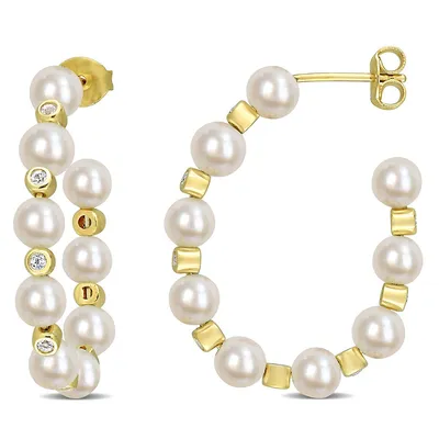 Freshwater Cultured Pearl And 1/2 Ct Tgw White Topaz Beaded Hoop Earrings In Yellow Plated Silver