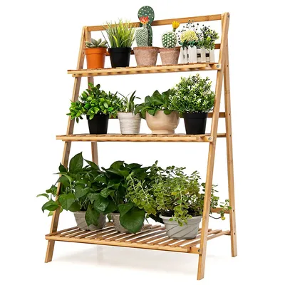 Bamboo Ladder Plant Stand 3-tier Foldable Flower Pot Display Shelf Rack Natural