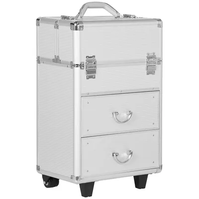 Rolling Makeup Train Case With Folding Trays, Silver