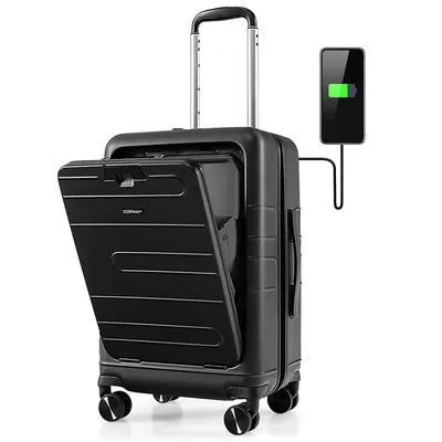 20" Carry-on Luggage Pc Hardside Suitcase Tsa Lock W/ Front Pocket & Usb Port