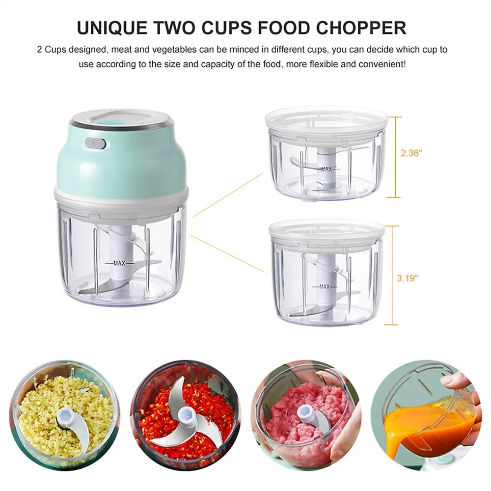 Electric Food Chopper 2 Cups with 2 Blade,Wireless - Green