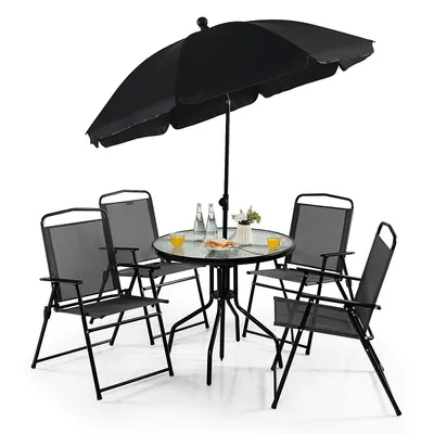 6 Pcs Patio Dining Set Folding Chairs Glass Table Tilt Umbrella Garden