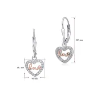 Sterling Silver 925 Dangle Leverback Earrings Heart Outline With Cz's And Love Letters