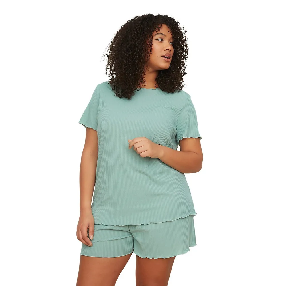 Woman Unifarben Knit T-shirt-short Plus Pajamas Set