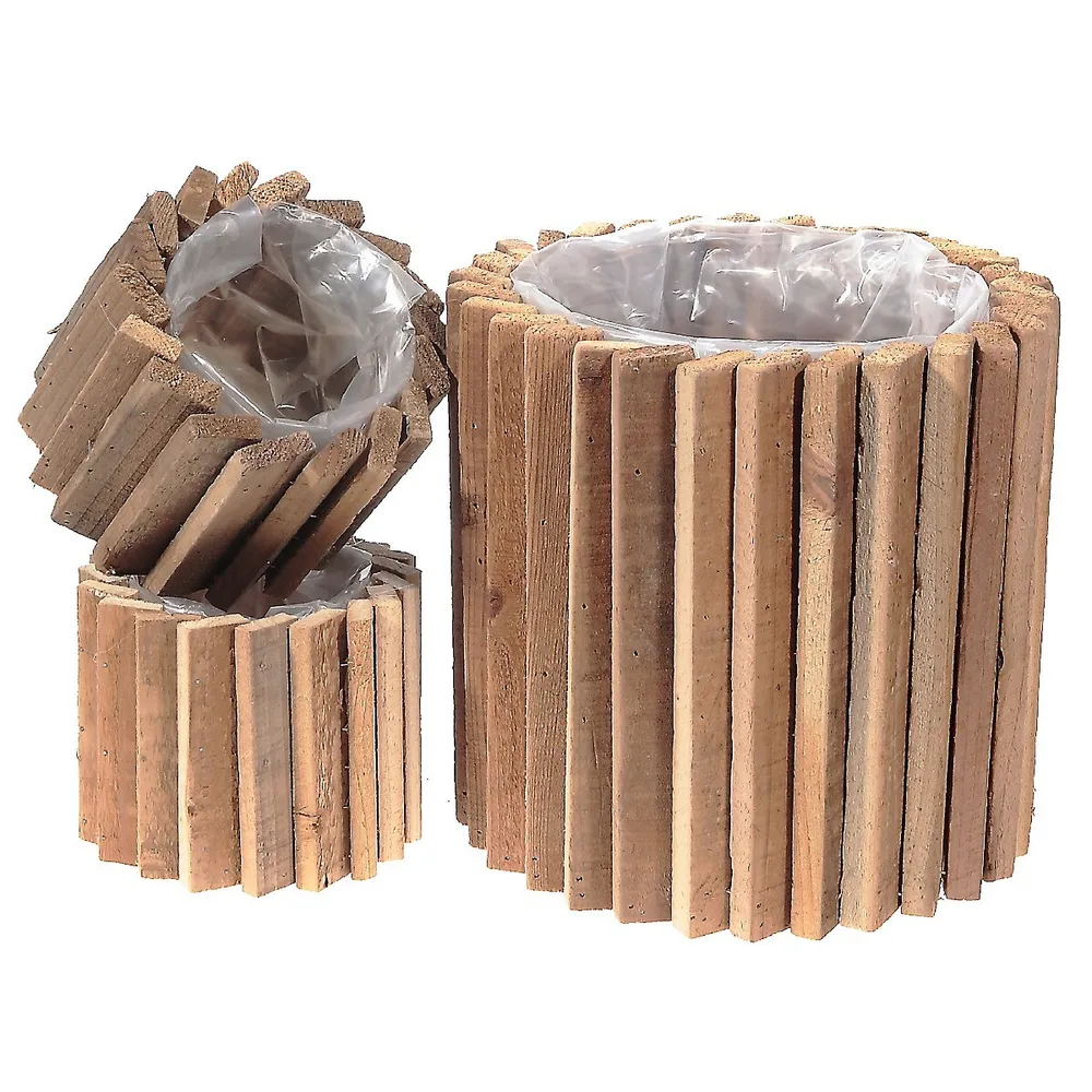 Round Domino Wood Blocks Planter With Liner (set Of 3)