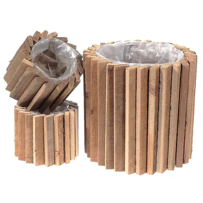 Round Domino Wood Blocks Planter With Liner (set Of 3)