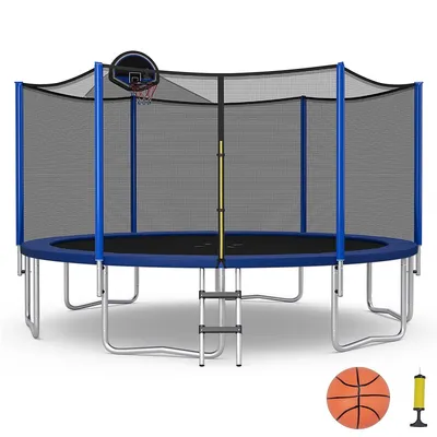 15ft Outdoor Large Trampoline Safety Enclosure Net W/ Basketball Hoop Ladder