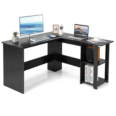 L-shaped Office Computer Desk W/ Spacious Desktop & 2-tier Open Shelves Black